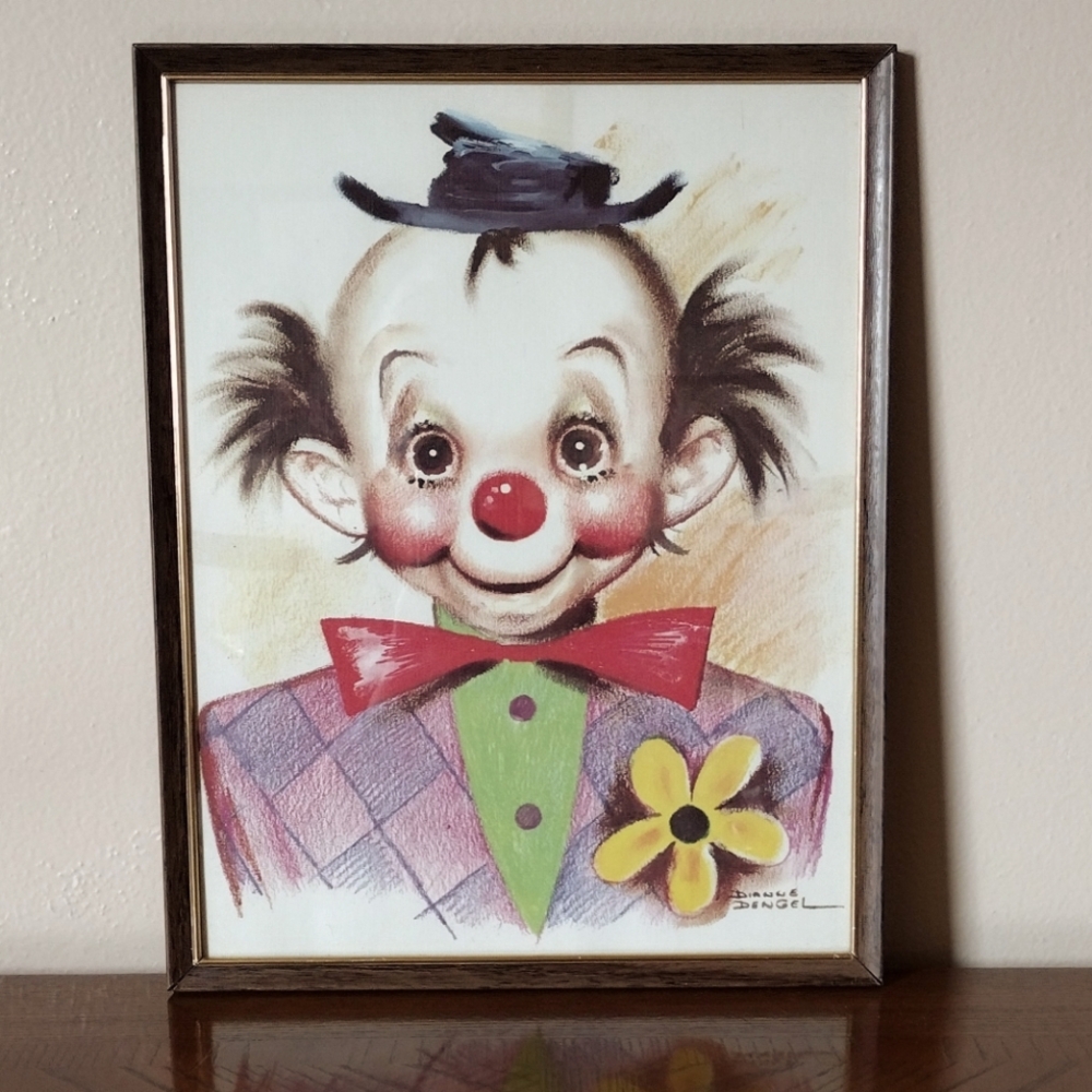 Vintage Happy Male Clown w/ Red Bowtie by Dianne Dengel Framed 11 x 14 Artwork